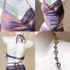 Conjunto de Traje de Baño de Tres Piezas para Mujer con Degradado Morado, Cuello Halter, Cordón, Falda Larga que Muestra la Cintura y Braguita de Triángulo, Traje de Baño Estilo Sexy