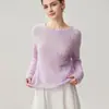 Nuevo Suéter de Punto Fino con Lentejuelas y Cachemir para Otoño/Invierno Cuello Redondo Manga Larga para Mujer Hueco de Ganchillo Holgado Camiseta Base Superior