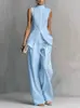 Moda casual de verano transfronteriza europea y americana, top sin mangas ajustado para mujer de color liso + pantalones de pierna ancha, conjunto de dos piezas