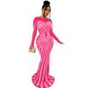 C6198 AliExpress Amazon Europeu e Americano moda feminina cor sólida malha see-through strass vestido de manga comprida vestido