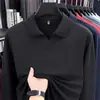 Camisa polo para hombre de algodón puro, con cuentas hexagonales, manga larga, cuello de gaviota, color liso, camiseta casual de manga larga de alta gama bordada