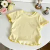 Camiseta de Manga Corta con Volantes para Niña, Camiseta Base de Canalé Elástico Multicolor de Verano, Ropa Versátil para Niños, Disponible para Dropshipping