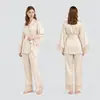 Novo Conjunto de Pijama Feminino Europeu Americano com Manga Longa e Calça Longa Renda Cetim Chiffon Robe Curto Conjunto de Calça Longa PT4248