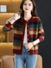 Cárdigan de punto a rayas retro para mujer, otoño e invierno, abrigo suéter abotonado de cuello redondo, estilo juvenil, top exterior de bloques de color