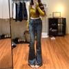 Jeans Acampanados Vintage Azules con Cinturón para Mujer Modernos Versátiles Nuevos Cintura Alta Adelgazantes Elásticos Levanta Glúteos Pierna Ancha