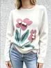 Suéter Doce Gola Redonda com Pompons 3D e Jacquard Floral, Tricô Vintage Solto de Manga Longa Feminino com Acabamento Rosa Contrastante
