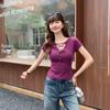 Foto Real de Camiseta de Tirantes con Cuello en V y Hombro Derecho Descubierto de Manga Corta para Mujer Verano 2025 Nuevo Diseño Top Corto Ajustado
