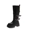 Botas altas de suela gruesa y tacón grueso para mujer en stock, nuevo estilo otoño e invierno 2026, botas largas de jinete con correa de hebilla de cuero para mujer