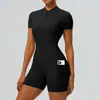 Mono de Yoga de Verano con Cremallera de Manga Corta Europeo y Americano de Amazon para Mujer, Mono Deportivo Ajustado para Baile y Fitness