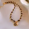 Acessórios de Colar com Contas de Pedra Olho de Tigre Vintage Dourado Eletrodepositado para Outono e Inverno para Mulheres, Corrente de Suéter Fashion, Joias de Luxo Leve e de Alta Qualidade