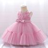 Vestido de Noche de Malla para Niños de Exportación Europea y Americana 2026, Vestido Pomposo de Boda Primera Comunión para Niños Pequeños y Medianos con Lazo de Apliques