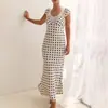 Moda Inspirada en Estilo Ins Europeo y Americano Nuevo Vestido Largo de Satén con Lunares y Ribete de Encaje, Ceñido a la Cintura, de Manga Corta, Corte Entallado para Mujer
