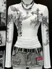 Top Corto Estilo Dulce-Cool Oscuro con Cuello en V Cruzado y Drapé, Mangas Ligeramente Acampanadas, Corte Ajustado, Camiseta Picante Corta para Mujer