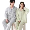 Pijama atacado de manga longa e calça longa para mulheres, novo tecido de algodão stretch de outono, cardigã masculino com gola de lapela, roupa para casa para casais