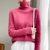 Roupas femininas de outono e inverno prontas para usar de alta qualidade em lã pura, suéter de tricô curto de cor sólida quente com gola alta empilhada