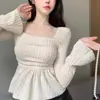 Venta al por mayor de fábrica camiseta de manga larga con cuello cuadrado de otoño e invierno para mujer, top pequeño ajustado, camisa interior de manga corta acampanada, prenda básica