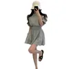 Tallas Actualizadas Chic Coreano Nicho Top de Cuello Redondo con Manga Abullonada + Conjunto de Falda Corta Plisada Casual Ropa para Mujer