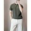Nueva camiseta de punto de manga corta de verano para hombre, camiseta POLO de seda helada, cuello camisero, cuello en V, camiseta de negocios ajustada, venta al por mayor transfronteriza