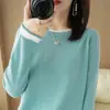 Suéter fino de punto de retazos elegante para primavera y otoño, top de algodón de punto para mujer, cuello redondo, manga larga, corte holgado, top corto básico