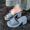 Sandálias de enfiar com sola grossa e laço para mulheres, modernas e estilosas para usar no verão, com um toque de luxo, salto grosso e um design azul único e de conto de fadas.
