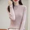 Nuevo suéter de punto de algodón puro para otoño e invierno, de manga larga, cuello medio alto, ajuste ceñido, con textura acanalada, top liso engrosado para mujer