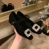 Versión de Piel de Vaca~ Mismo Estilo Hebilla de Diamantes Punta Cuadrada Pequeña Forro de Terciopelo Correa Única Cálidas Adelgazantes Tacón Grueso Zapatos Mary Jane para Mujer Primavera y Otoño