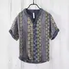 Camisa Polo de Hombre con Cuello en V Estampado Digital 3D, Lino de Bambú, 3 Materiales, Botones, Estilo Ukiyo-e Japonés, Transpirable y que Absorbe la Humedad