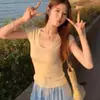 2026 Verano Nuevo Estilo Seda de Hielo Delgado Simple Tejido de Punto Manga Corta Ins Cuello en U Ajustado Camisa de Punto