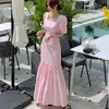 Estilo Chic Coreano 2026 Verano Nuevo Versión Coreana Vestido Sexy de Sirena con Cuello Cuadrado y Mangas Abullonadas