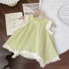Celebridade da Internet Menina Estilo Pastoral Casual Conjunto Infantil Verão Novo Estiloso Fashionável Sem Mangas Top Calça Conjunto de Duas Peças