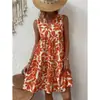 Novo Vestido de Verão Feminino Europeu e Americano Moda Boêmia Solto Decote V Mangas Curtas Estampado