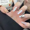 Uñas Postizas Populares de Xiaohongshu en Color Verde Menta Sólido con Puntos y Pedrería, Puntas de Uña Estilo Lujo Ligero Transparente Hielo Que Mejoran el Tono de la Uña