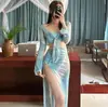 Nuevo Bikini Degradado Difuminado de Cuatro Piezas Sexy Traje de Baño Dividido para Mujer Vacaciones Protección Solar Manga Larga Estilo Lujuria Pura
