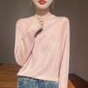 Cómoda camisa básica de mujer de organza de lana peinada fina, cuello medio alto, primavera y verano, nuevo top jacquard de manga larga