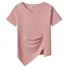 Comercio exterior al por mayor verano rosa cuello en V manga corta camiseta diseño femenino nicho cintura plisada abertura irregular top