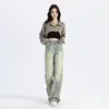 Jeans Amarelo Lavado com Lama Estilo Wasteland High Street para Mulheres, Calça Longa Reta Solta Emagrecedora com Aspecto Sujo Tendência