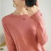 Outono Primavera Tricô 100% Fio de Algodão Feminino Gola Redonda Cor Sólida Manga Longa Estilo Fino Top Suéter Pulôver Solto Roupa para Usar por Baixo