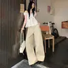 Calça Feminina Casual Retrô Americana Estilo Preguiçoso Cintura Elástica Perna Larga Corte Reto Caimento Solto Fina Confortável Comprimento Total