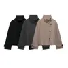 Comercio Exterior Otoño Nueva Llegada Estilo Europeo y Americano Moda Femenina Casual Holgado Chaqueta Abrigo Cruzada Negro Caqui Gris Oscuro