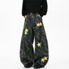 Jeans Wide-Leg Vintage Soltinho Tendência Camuflado Estampado de Estrelas Estilo Americano Transfronteiriço Versátil para Homens e Mulheres