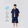 Traje de Camisa de Manga Corta Azul Marino Seersucker Atractivo para Hombre Verano Estilo Americano Relajado Hielo Seda Ropa de Trabajo Conjunto de Dos Piezas Moderno