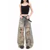 Calça jeans feminina estilo deserto retrô americano rasgada, calça longa de perna larga vintage solta para o verão, estilo high street