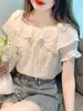 Blusa Fruncida Estilo Francés para Mujer, Diseño de Verano con Cordón Único, Top de Gasa con Mangas Abullonadas de Nicho