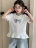 Camiseta de Manga Corta para Niña Little Red Fish, Atuendo de Verano 2026, Top de Verano con Lazo para Niñas de 12 Años, Ropa Infantil de Media Manga, Atuendo Familiar a Juego
