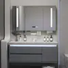 Gabinete de baño con lavabo integrado de piedra chapado en oro de lujo ligero estilo italiano, juego de tocador para baño