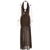Amazon Comercio Exterior Moda Más Vendido Vestido Largo de Mujer con Cuello Halter Sexy Hueco Plisado Espalda Descubierta Vestido para Cadera