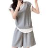 Conjunto de Falso Dos Piezas Estilo Waffle para Mujer, Atuendo de Moda Petite, Conjunto Deportivo de Dos Piezas con Shorts de Manga Corta Adelgazantes para Verano