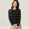 Modelo 2026, 100% caxemira pura, gola redonda feminina, suéter de tricô listrado em blocos de cor