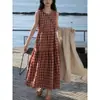 Foto Real de Vestido Colete Redondo de Xadrez Vermelho para Mulheres, Novo Estilo de Verão, Vestido Longo Elegante Sem Mangas para Férias