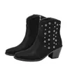Botas de tornozelo femininas de moda europeia e americana, bico fino, salto grosso, com rebites e zíper lateral, botas estilo western cowboy emagrecedoras, atacado transfronteiriço